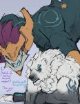2023 anthro aurelion_sol_(lol) bear black_nose celestial_dragon colored crown deity dialogue english_text fur hair headgear hi_res league_of_legends lying male mammal na1su on_front polar_bear purple_hair riot_games tencent text ursine volibear white_body white_fur