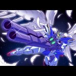  buster_rifle commentary english_commentary feathers glowing green_eyes gun gundam gundam_wing gundam_wing:_endless_waltz highres holding holding_weapon js_71535 mecha mecha_focus mechanical_wings mobile_suit no_humans robot science_fiction solo v-fin weapon wing_gundam_zero_custom wings 