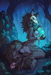 2022 abyssal_wolf anthro areola breasts canid canine canis cuff_(restraint) detailed_background esther female forest fur genitals hi_res hioshiru magic mammal mask nipples nude pawpads plant pussy restraints shackles skull_mask solo tree wolf 