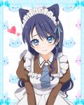  1girl absurdres animal_background animal_ears ascot blue_ascot blue_eyes blue_hair blush breasts brown_dress cat_background cat_brooch cat_ears closed_mouth collared_dress commentary_request contrast_collar dress heart highres juliet_sleeves kujo_awenn link!_like!_love_live! long_hair long_sleeves looking_at_viewer love_live! medium_breasts murano_sayaka nyan_nyan_nyan_fair_in_gamers official_alternate_costume puffy_sleeves solo virtual_youtuber 