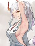  1girl absurdres arm_behind_head arm_up armpits breasts cleavage curled_horns from_side green_hair grey_hair grin highres horns japanese_clothes kimono large_breasts long_hair looking_at_viewer multicolored_hair multicolored_horns one_piece oni orange_horns presenting_armpit red_horns rope shimenawa sideboob sleeveless sleeveless_kimono smile solo stomach upper_body yamato_(one_piece) yellow_eyes younki 
