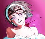  1girl alien_stage bare_shoulders black_hair blood blood_from_neck blood_spray commentary death earrings english_commentary hairband jewelry neck_tattoo pearl_earrings pink_background poke_(stop_pokingme) short_hair signature solo sphere_earrings sua_(alien_stage) tattoo white_hairband 