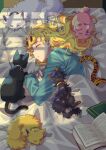  1boy animal animal_collar animal_print animalization bed black_cat black_fur blonde_hair book bruno_bucciarati cat closed_eyes collar commentary_request earrings giorno_giovanna guido_mista hair_down highres jewelry jojo_no_kimyou_na_bouken leone_abbacchio light_particles long_hair long_sleeves lying male_focus narancia_ghirga on_side open_book pannacotta_fugo parted_lips pillow pink_cat pink_fur sleeping stud_earrings sunlight tiger_print trish_una twitter_username uppi vento_aureo white_cat white_fur window_shadow yellow_cat yellow_fur 