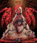  1girl 1other absurdres antlers blood blood_halo blood_on_clothes blood_on_face choker closed_eyes colored_eyelashes commentary cuffs decapitation deer_antlers deer_girl deltarune demon_horns dismemberment dress english_commentary eyes_on_wings frilled_choker frilled_dress frills goomyloid halo highres holding holding_detached_head horns kris_(deltarune) liquid_halo noelle_holiday one_eye_closed red_horns severed_arm severed_head severed_limb shackles utdr_(toby_fox) white_choker white_dress white_hair wings yellow_eyes 