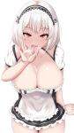  1girl azur_lane breasts breath cleavage cum cum_in_mouth cum_on_body cum_on_breasts dress facial fellatio_gesture from_above huge_breasts looking_at_viewer looking_up maid maid_headdress microdress open_mouth oral_invitation red_eyes renetan short_hair simple_background sirius_(azur_lane) solo tongue tongue_out white_background 