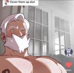  1boy bara chest_hair chili_(pokemon) dizdoodz drayden_(pokemon) facial_hair hairy heart highres large_pectorals livestream male_focus mature_male meme muscular muscular_male nipples pectorals pokemon pokemon_(game) pokemon_bw solo sweat sweatdrop thick_eyebrows white_hair yellow_eyes 