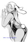  1girl animal_ears ass boku_no_hero_academia breasts eyelashes from_behind greyscale grin highres long_hair looking_at_viewer looking_back mirko monochrome nstime23 one-piece_swimsuit rabbit_ears rabbit_tail smile solo standing swimsuit tail very_long_hair 