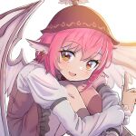  1girl :d animal_ears bangs bird_ears bird_wings blurry blush depth_of_field earrings eyebrows_visible_through_hair feathered_wings hair_between_eyes hand_up hat highres index_finger_raised jewelry kneehighs knees_to_chest knees_up leaning_forward looking_at_viewer mob_cap mystia_lorelei open_mouth orange_eyes pink_hair shiroi_karasu short_hair simple_background single_earring sitting smile solo touhou white_background wings 