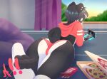  anthro black_hair bulge butt clothing cropped_hoodie ear_piercing feet fingerless_(marking) food foot_focus giant_panda gynomorph hair hi_res highlights_(coloring) intersex looking_away mammal moosh-mallow nintendo nintendo_3ds nintendo_ds_family panties pantsless pawpads piercing pizza pocky slim solo ulsi underwear ursid video_games 