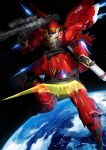  absurdres beam_axe beam_cannon commentary energy_axe energy_weapon english_commentary glowing glowing_eye gundam gundam_unicorn highres holding holding_beam_axe holding_weapon in_orbit kyou_(iuciferic) mecha mecha_focus mobile_suit neo_zeon no_humans one-eyed robot science_fiction sinanju solo space sword thrusters vernier_thrusters weapon 