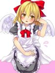 1girl alternate_costume angel_wings apron bad_id bad_pixiv_id bangs black_dress blonde_hair blush bow breasts collared_dress dress embarrassed eyebrows_visible_through_hair feathered_wings frilled_apron frilled_dress frills gengetsu_(touhou) hair_bow hand_in_hair head_tilt highres looking_at_viewer medium_hair meronpanna_(mikoniito) no_shoes open_mouth puffy_short_sleeves puffy_sleeves red_bow seiza short_sleeves sitting small_breasts socks touhou touhou_(pc-98) white_apron white_legwear white_wings wings yellow_eyes 