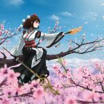  1girl absurdres blue_sky blurry blurry_background blurry_foreground breasts brown_hair cherry_blossoms cherry_tree day depth_of_field fasnakegod flower from_side full_body geta hat hauchiwa highres holding holding_staff in_tree kourindou_tengu_costume long_sleeves medium_breasts no_wings outdoors outstretched_arm petals pink_flower pom_pom_(clothes) red_eyes red_footwear red_headwear red_tassel scenery shameimaru_aya short_hair sitting sitting_in_tree sky solo staff tokin_hat touhou tree white_legwear wide_sleeves wind 
