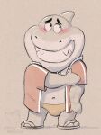  2022 anthro balls_outline biped blush bulge clothing corgi_(artist) dreamworks fish footwear genital_outline hi_res male marine mr._shark_(the_bad_guys) navel sandals shark simple_background slightly_chubby solo swimwear the_bad_guys 