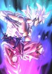  1boy abs absurdres aura dougi dragon_ball dragon_ball_super fighting_stance foot_out_of_frame from_side glowing glowing_hair highres large_pectorals looking_away male_focus obariln pectorals short_hair solo son_goku spiked_hair topless_male torn_clothes ultra_instinct 