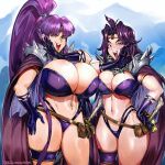  2girls ahoge armor bangs breasts cape circlet cleavage cosplay crossover eiken gigantic_breasts gloves hair_intakes highres huge_breasts jewelry keigi large_breasts laughing long_hair misono_kirika multiple_girls naga_the_serpent naga_the_serpent_(cosplay) navel_piercing ojou-sama_pose open_mouth piercing ponytail purple_eyes purple_hair revealing_clothes shoulder_armor shoulder_pads slayers spiked_armor thick_thighs thigh_strap thighs 