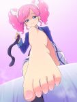  1girl aikatsu! aikatsu!_(series) amahane_madoka arm_behind_back barefoot bed black_socks blue_eyes blue_jacket blush closed_mouth commentary feet foot_focus foot_out_of_frame foreshortening from_below gradient_background hair_ornament half-closed_eyes hand_up highres holding holding_sock indoors jacket knee_up laika_(s4005146) lapels long_hair long_sleeves looking_at_viewer miniskirt neck_ribbon no_shoes on_bed pink_background pink_hair pleated_skirt presenting_foot raised_eyebrows red_ribbon ribbon school_uniform shirt single_bare_foot single_sock_removed sitting skirt sleeve_cuffs smell smile socks solo split_mouth starlight_academy_school_uniform toenails toes twintails unworn_socks white_shirt white_skirt wing_hair_ornament winter_uniform 