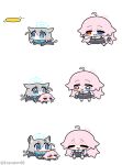  ahoge animal_ear_fluff animal_ears aqua_scarf blue_archive blue_eyes blue_halo blue_scarf blush chibi cross cross_hair_ornament dual_persona fetch frisbee grey_hair hair_between_eyes hair_ornament halo heterochromia highres hoshino_(blue_archive) huge_ahoge inverted_cross long_hair long_sleeves medium_hair mismatched_pupils multiple_girls necktie open_mouth pink_hair pink_halo playing scarf shiroko_(blue_archive) shirt sima_(exavalon00) smile tail tail_wagging throwing very_long_hair white_shirt wolf_ears wolf_girl yellow_eyes 