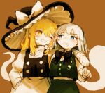  2girls apron black_bow black_bowtie black_hat blonde_hair blue_eyes bow bowtie braid braided_sidelock brown_background embarrassed green_skirt green_vest hat hitodama hitodama_print kirisame_marisa konpaku_youmu konpaku_youmu_(ghost) looking_at_another multiple_girls natucurage one_eye_closed print_vest shirt simple_background skirt smile standing touhou vest white_apron white_hat white_shirt witch_hat yellow_eyes 