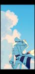  1boy absurdres azisaiharumaki56 blue_sky cloud coat commentary_request day emmet_(pokemon) facing_away from_behind gloves hat highres letterboxed long_sleeves looking_afar male_focus pants pokemon pokemon_bw sky solo white_coat white_gloves white_hat white_pants 