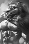  abs abstract_background absurd_res anthro astropandaart blaidd_(elden_ring) canid canine canis cape clothing elden_ring eye_contact greyscale hi_res looking_at_another male mammal monochrome muscular nipples pinup pose sketch solo solo_focus teeth wolf 