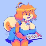  anthro beady_eyes big_breasts blue_background breasts bugjugs canid canine canis cleavage clothed clothing collar cookie domestic_dog dress female food fur hair handwear huge_breasts mammal milkbone_(bugjugs) milkbone_(food) open_mouth orange_body orange_fur orange_hair oven_mitts simple_background smile solo 