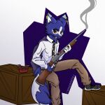 2025 5_fingers ammo_box ammunition angry anthro belt black_belt black_clothing black_footwear black_jacket black_necktie black_shoes black_topwear blue_body blue_fur bottomwear brown_bottomwear brown_clothing brown_pants canid canine canis christian_cross christian_symbol christianity cigarette clothing coat_cape collared_shirt crate cross cross_(marking) digital_drawing_(artwork) digital_media_(artwork) dipstick_ears dire_wolf dithering dotted_necktie ear_markings ear_piercing ear_ring eyebrows eyelashes fingers foot_on_object footwear fur gloves gold_(metal) gold_jewelry gun handwear hi_res holding_object holding_ranged_weapon holding_weapon humanoid_hands jacket jewelry leaning_on_object looking_at_viewer luzenith_lawchi male mammal multicolored_body multicolored_ears multicolored_fur necktie pants pattern_necktie piercing prehistoric_species pump_action_shotgun purple_background raised_eyebrow ranged_weapon red_eyes religion religious_symbol remington_870 ring_piercing shell_(projectile) shirt shoelaces shotgun shotgun_shell simple_background single_glove smoke smoking smoking_cigarette solo surgical_suture topwear two_tone_body two_tone_fur watermark weapon white_background white_body white_clothing white_fur white_gloves white_handwear white_shirt white_topwear wingsprite wolf wooden_crate wooden_stock yellow_necktie