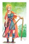  1girl armband belt bianca_(dq5) blonde_hair boots bracelet braid cape choker defense_zero dragon_quest dragon_quest_v full_body green_eyes hair_over_shoulder jewelry long_hair orange_cape side_braid single_braid socks whip 