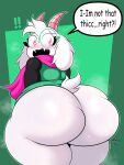  2022 absurd_res anthro big_butt blush bodily_fluids bottomless bovid butt caprine clothed clothing deltarune dialogue english_text exclamation_point eyewear fur girly glasses hi_res huge_butt looking_at_viewer looking_back male mammal mrxrickyx ralsei solo sweat sweaty_butt text undertale_(series) video_games white_body white_fur 