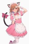  1girl alternate_costume animal_ears apron blush breasts brown_eyes brown_hair cat_ears cat_tail enmaided highres kagura_kurosaki looking_at_viewer maid maid_apron maid_headdress medium_hair misaka_mikoto simple_background small_breasts solo tail toaru_kagaku_no_railgun toaru_majutsu_no_index white_background white_legwear 