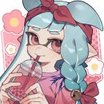  1girl bell blue_hair bow bow_hairband braid bubble_tea closed_mouth cup disposable_cup drinking drinking_straw drinking_straw_in_mouth hair_bell hair_bow hair_ears hair_ornament hairband highres holding holding_cup inkling inkling_girl inkling_player_character jingle_bell long_hair looking_at_viewer pink_eyes pink_shirt pointy_ears portrait prat_rat red_bow red_hairband shirt single_braid smile solo splatoon_(series) t-shirt tentacle_hair watermark watermark_grid 
