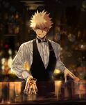  1boy bakugou_katsuki bar bartender black_necktie blonde_hair blurry boku_no_hero_academia bottle bow bowtie cocktail_glass cup depth_of_field drinking_glass holding holding_cup lens_flare light_brown_hair looking_at_viewer male_focus mkm_(mkm_storage) necktie red_eyes signature solo sparkle spiked_hair teeth 