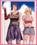  2girls :o absurdres ahoge alternate_costume arcueid_brunestud arms_behind_back belt belt_buckle blonde_hair blue_eyes breasts buckle ciel_(tsukihime) clothes_around_waist commentary curtained_hair denim denim_skirt detached_sleeves english_commentary ezekquel glasses hair_intakes hand_up highres huge_breasts jeans midriff multiple_girls open_mouth pants pink_thighhighs pink_top pointing red_eyes shirt short_hair skirt striped_clothes sweater sweater_around_waist talking tank_top teeth thighhighs tsukihime upper_teeth_only white_shirt 