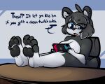  1-upclock anthro black_hair blue_eyes breasts dialogue digital_media_(artwork) ear_piercing english_text feet feet_on_table female fingerless_(marking) foot_fetish foot_focus fur giant_panda hair hi_res highlights_(coloring) looking_at_viewer mammal multicolored_body multicolored_fur nintendo nintendo_switch nude open_mouth pawpads piercing simple_background solo talking_to_viewer text toes trans_(lore) trans_woman_(lore) two_tone_body two_tone_fur ulsi ursid video_games white_body 