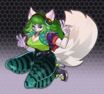  anthro belt big_breasts bottomwear breasts canid canine clothing colored_nails double_v_sign female fluffy fluffy_tail fox fur gesture green_hair grey_background hair headphones hexagon hi_res high-angle_view high_heels jewelry kneeling mammal nails necklace pants pattern_background salt_(paladins) shirt simple_background skull_necklace smile solo submarine_screw tank_top thick_thighs tight_bottomwear tight_clothing topwear v_sign vest vulpin white_body white_fur 
