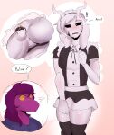  2022 anthro asriel_dreemurr balls biped black_sclera blush bodily_fluids boss_monster bottomwear bovid caprine chastity_cage chastity_device clothed clothing crossdressing deltarune digital_media_(artwork) duo exclamation_point female fur genitals goat hair hi_res horn kakhao legwear maid_uniform male mammal penis pink_background pink_body purple_hair reptile scalie simple_background skirt susie_(deltarune) sweat thigh_highs undertale undertale_(series) uniform upskirt video_games white_body white_fur yellow_eyes 