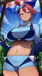  1girl bangs blue_eyes blue_gloves blue_jacket blue_shorts blush breasts cropped_jacket gloves hair_ornament highres jacket kashu_(hizake) large_breasts long_hair looking_at_viewer midriff one_side_up pokemon pokemon_(game) pokemon_bw red_hair short_shorts shorts sidelocks skyla_(pokemon) smile solo tied_hair 