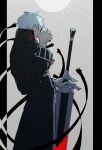  1boy absurdres azisaiharumaki56 black_coat blood blood_on_face blood_on_weapon blue_eyes charles-henri_sanson_(fate) coat commentary_request fate/grand_order fate_(series) from_side grey_background highres licking_blood long_sleeves male_focus pillarboxed short_hair solo sword weapon 