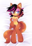  anthro bed black_hair blue_eyes breasts breath brown_body brown_fur dakimakura_pose dakimakura_style fan_character female fur furniture genitals hair highlights_(coloring) multicolored_hair nude one_eye_closed open_mouth panting pink_highlights pinkuunegai pussy sega solo sonic_the_hedgehog_(series) two_tone_hair wet 