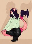  2022 absurd_res anthro bellachrons black_hair bottomwear clothed clothing colored crouching digital_drawing_(artwork) digital_media_(artwork) dress felid female flat_colors fluffy fluffy_tail fur hair heart_(marking) hi_res high_heels light lighting lion lyla_no&#039;uka mammal pantherine pink_body pink_fur pink_skin side_view simple_background skirt smile solo spots sweater topwear tufted_ears turtleneck 