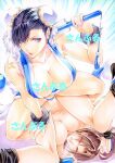  2girls black_hair blue_eyes blue_panties breasts bun_cover chun-li collarbone cosplay double_bun fatal_fury folding_fan hand_fan holding holding_fan large_breasts looking_at_viewer marker_(medium) multiple_girls ninja nude panties revealing_clothes shiranui_mai shiranui_mai_(cosplay) short_hair street_fighter traditional_media underwear yqgkg 