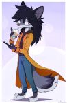  2022 anthro aseethe black_hair breasts canid canine clothed clothing digital_media_(artwork) female fur grey_body grey_fur hair hi_res hybrid mammal purple_eyes solo 