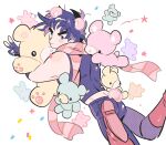  1boy animal_ears battle_tendency bear_ears bear_tail ben-day_dots black_gloves black_pants black_shirt blue_eyes blush_stickers boots brown_hair closed_mouth commentary_request confetti fingerless_gloves gloves gogeyama highres holding holding_stuffed_toy jojo_no_kimyou_na_bouken joseph_joestar joseph_joestar_(young) kemonomimi_mode looking_back male_focus pants red_boots red_scarf scarf screentones shirt short_hair sideways_glance sleeveless sleeveless_shirt solo star_(symbol) striped_clothes striped_scarf stuffed_animal stuffed_toy tail teddy_bear thick_eyebrows v white_background 