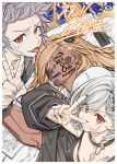  1girl 2boys anniversary beelzebub_(granblue_fantasy) black_nails blonde_hair can cellphone chest_tattoo collar dark-skinned_male dark_skin djeeta_(granblue_fantasy) drawing_on_another&#039;s_face ear_piercing earrings energy_drink facial_tattoo fingernails forbidden_alter_ego_(granblue_fantasy) gran_(granblue_fantasy) granblue_fantasy grey_hair grey_jacket grin hair_ornament jacket jewelry lipstick long_hair looking_at_viewer makeup mika_(gbf) multiple_boys notebook open_mouth phone piercing red_bull red_eyes sharp_fingernails short_hair sleeping smartphone smile sweat tatami tattoo teeth tongue tongue_out translation_request v v_over_eye 