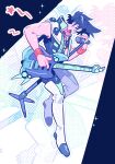  1boy absurdres arm_up ben-day_dots black_hair black_shirt boots commentary_request electric_guitar full_body glasses gogeyama guitar highres holding holding_microphone_stand instrument macross macross_7 male_focus microphone microphone_stand nekki_basara open_mouth popped_collar round_eyewear screentones shirt short_hair sleeveless sleeveless_shirt solo star_(symbol) teeth thigh_boots white_boots wristband 