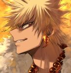  1boy bakugou_katsuki bead_necklace beads blonde_hair boku_no_hero_academia earrings fur_collar jewelry male_focus mkm_(mkm_storage) necklace orange_eyes profile signature solo sparkle spiked_hair teeth 