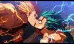  2boys bakugou_katsuki bandage_on_face bandages blonde_hair blood blood_on_face boku_no_hero_academia electricity freckles glowing glowing_eyes gradient gradient_background green_hair hand_on_another&#039;s_cheek hand_on_another&#039;s_face highres kiss looking_at_another male_focus midoriya_izuku mkm_(mkm_storage) multiple_boys red_eyes shirt signature sparkle spiked_hair toned toned_male topless_male torn_clothes torn_shirt v-shaped_eyebrows yaoi 
