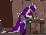  &lt;3 anthro arms_tied bodily_fluids bound crown cum cum_inside dragon duo furniture genital_fluids kobold male male/male razigator size_difference table text tongue tongue_out 