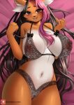  2022 anthro areola big_breasts black_nose bra breasts canid canine clothing digital_media_(artwork) eyebrows female fingers genitals hair hi_res huge_breasts long_hair looking_at_viewer macaronneko mammal navel nipples open_mouth pussy solo underwear 
