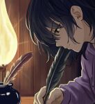  1girl black_eyes black_hair blackbeard_writing_(meme) commentary han_sooyoung hashtag-only_commentary holding holding_quill hood hoodie lamp meme mole mole_under_eye omniscient_reader's_viewpoint purple_hoodie quill short_hair solo taotaille writing 