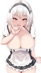  1girl azur_lane breasts breath cleavage dress fellatio_gesture from_above huge_breasts looking_at_viewer looking_up maid maid_headdress microdress open_mouth oral_invitation red_eyes renetan short_hair simple_background sirius_(azur_lane) solo tongue tongue_out white_background 